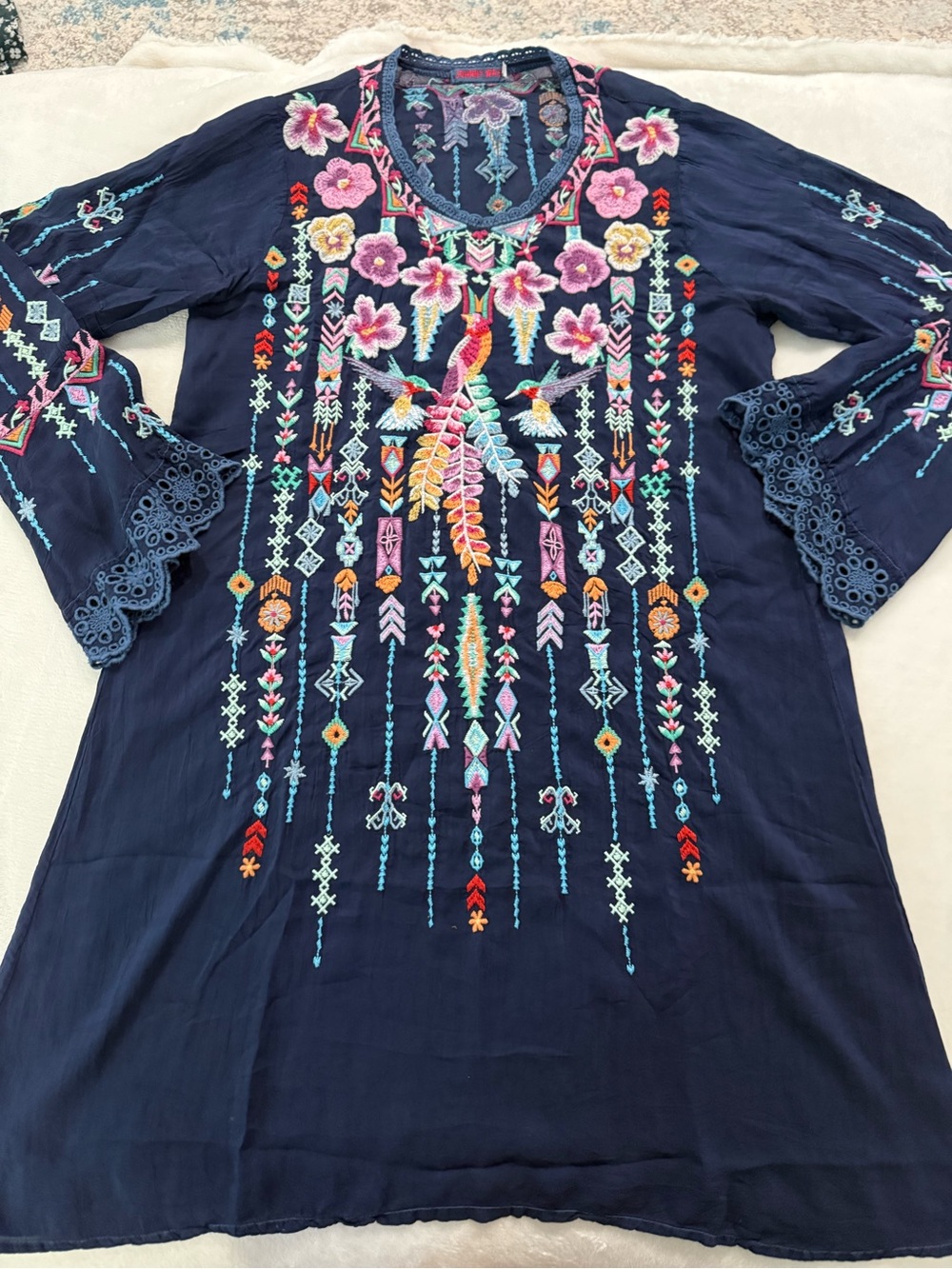 Johnny Was Lulu Heavily Embroidered Georgette Tunic/dress Hummingbirds E14